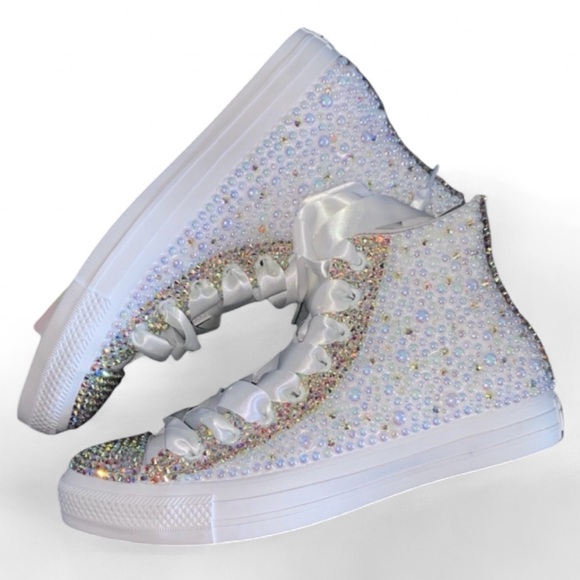 Crystal AB Diamonds & Pearls High Top Converse Sizes 5-14 New With Ribbon Laces - Picture 3 of 14